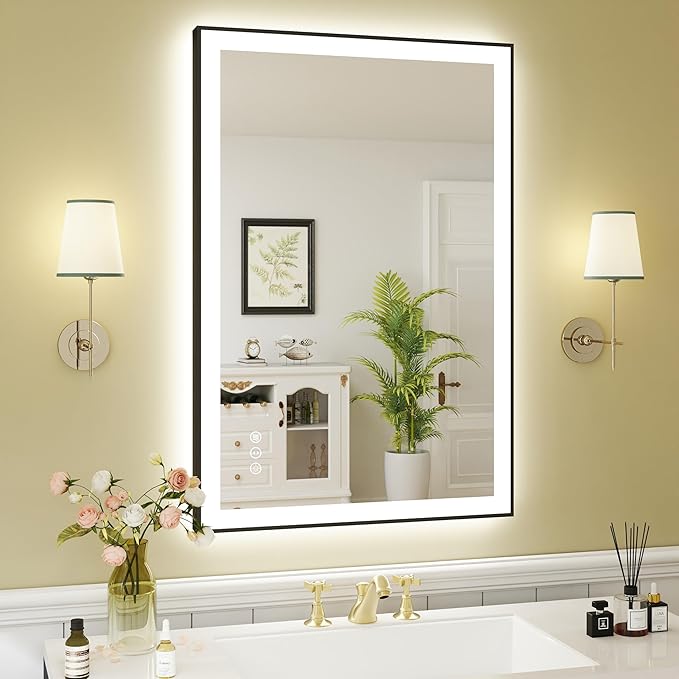 WTTY 24"X36" LED Bathroom Mirror with Black Frame, Bathroom Vanity Mirror with Lights for Wall, Front Light and Backlit, Anti-Fog, Dimmable, 3 Colors, Shatterproof, Memory, Horizontal/Vertical