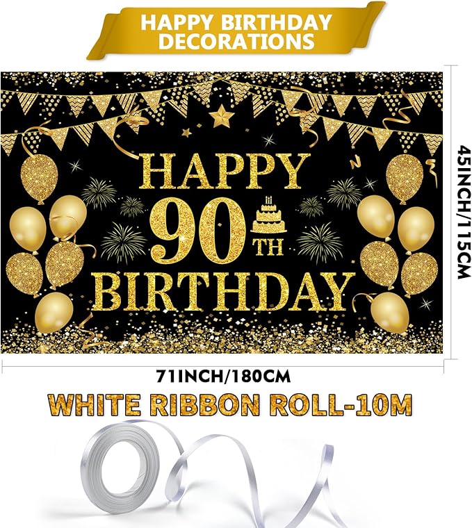 90th Birthday Decorations for Women Men - Happy 90th Birthday Banner Decorations Black Gold Welcome Background Sign for Cheers 90 Years Birthday Party Supplies Decor Indoor Outdoor (71 x 45 inch) ﻿
