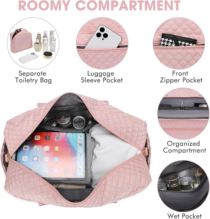 Travel Duffle Bag Weekender for Women - 38L Carry-On Overnight Personal Item Bag with Shoe Compartment & Wet Pocket Weekend Tote Bags with Toiletry Hospital Bags for Labor and Delivery
