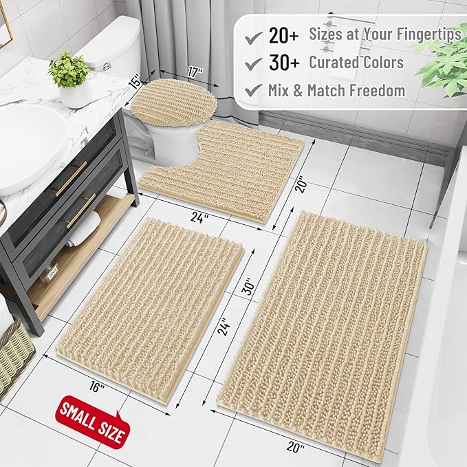 Arotive Luxury Chenille Bathroom Rug Mat, Extra Soft Thick Absorbent Shaggy Bath Rugs, Non-Slip Machine Wash Dry, Plush Bath Mats for Bathroom, Shower and Tub, 24x16, Cream Beige