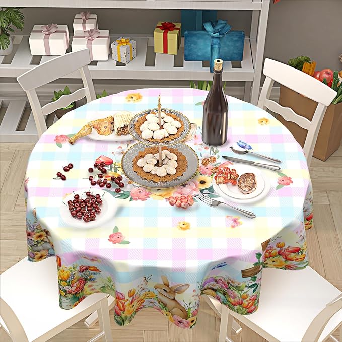 Easter Rabbit Round Tablecloth Pink Blue Pliad Circle Table Cloth 70 Inch Farmhouse Floral Table Cover Washable Polyester Indoor Decorations for Home Kitchen Dinning Party