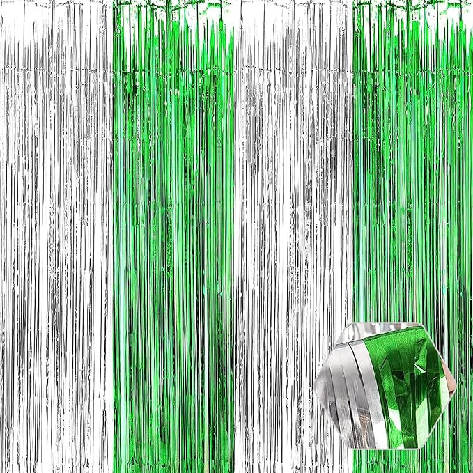 3 Pack Silver Green Foil Fringe Curtain Backdrop, 3.28Ft x 6.6Ft Metallic Tinsel Foil Fringe Streamer Curtains for Photo Booth, Christmas Day, Thanksgiving, Wedding, New Year Party Decorations