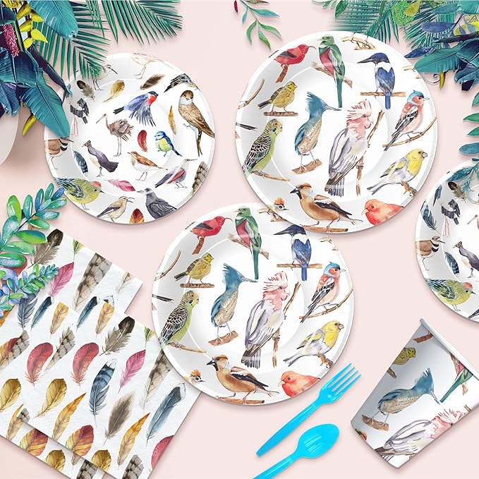 Xigejob Bird Party Decorations Tableware for Bridal Baby Shower Birthday Wedding Summer Tea, Colorful Bird Birthday Party Supplies, Paper Plate, Cup, Napkin, Tablecloth, Cutlery, Serves 24