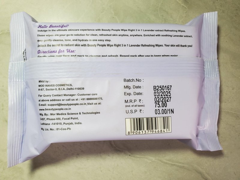 Beauty People Wipe Right 3 in 1 Lavender Refreshing Wipes, Cleansing, Hydrating, Makeup Removing Face Wipes