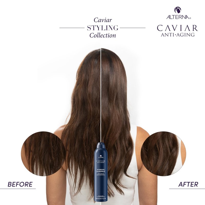Alterna Haircare CAVIAR Anti-Aging Working Hairspray Travel Size 3 Fl Oz | Buildable, Brushable Hold | Helps Control Frizz and Adds Shine | Sulfate Free