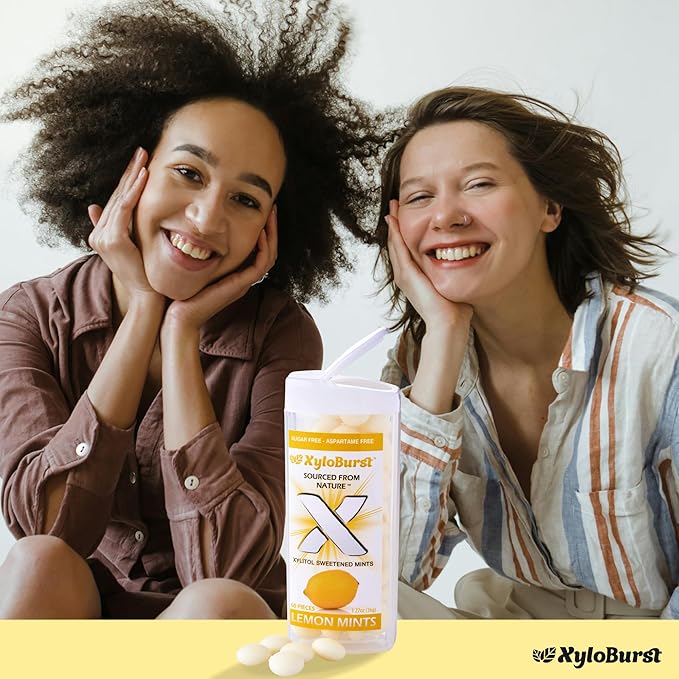 XyloBurst - Xylitol Mints | Sugar Free Breath Mints for Oral Health | Gluten Free, Vegan, Keto Friendly | Aspartame Free | Lemon | 60 Count Jar, 8-Pack