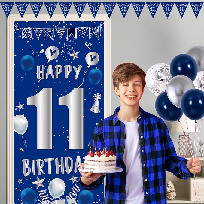 11th Birthday Decorations for Boys Girls, Blue Silver Happy 11th Birthday Decorations Set with 11th Birthday Backdrop Banner Tablecloth Balloons Triangle Flag, 11 Year Old Boy Party Decor Supplies