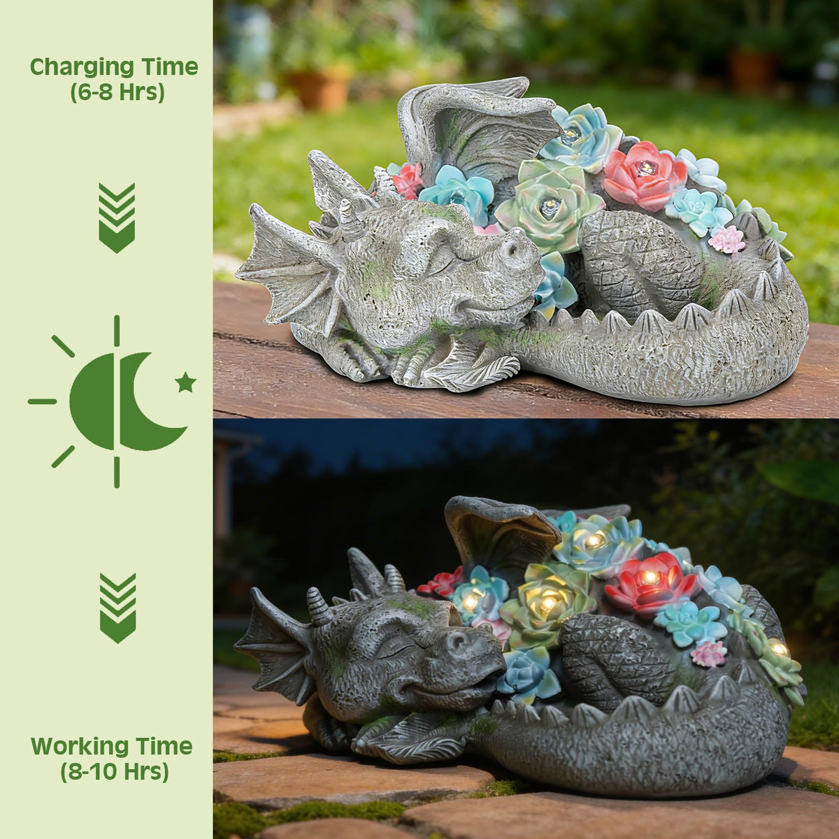 Solar Dragon Garden Statue, Sleeping Dragon with Solar Light Succulent