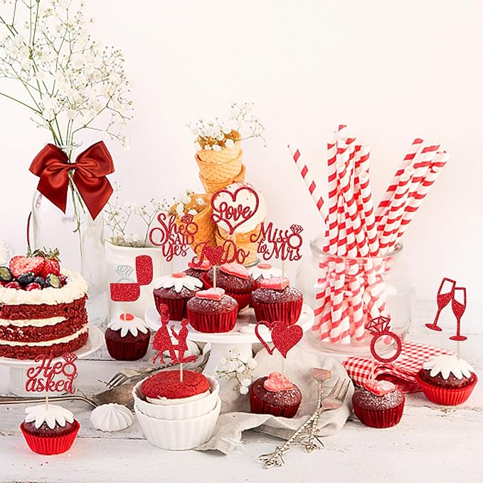 30 PCS He Asked She Said Yes Cupcake Toppers Glitter Engagement Cupcake Toppers Miss to Mrs I Do Love Heart Ring Miss to Mrs Cupcake Picks for Wedding Engagement Party Cake Decorations Supplies Red