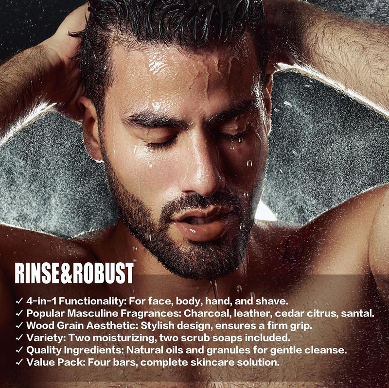 Rinse & Robust Bar Soap for Men - 4Pcs Exfoliating & Moisturizing 4-in-1 Cleansing Bar Set for Face, Body, Hands & Shave | All Skin Types | Luxury Fathers Day Gift Set(4 x 5.3 oz)