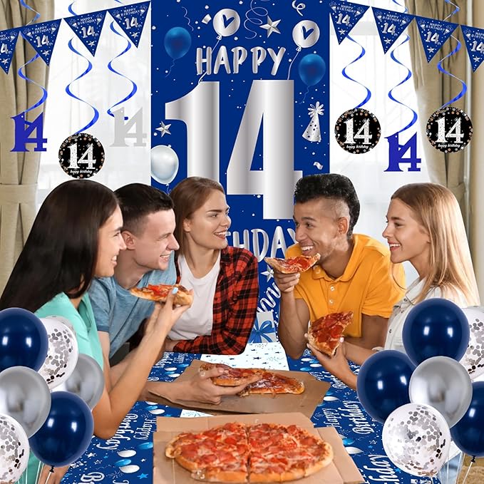 14th Birthday Decorations for Boys Girls, Blue Silver Happy 14th Birthday Party Decorations Supplies - Happy 14 Birthday Backdrop Banner Tablecloth Triangle Flag Balloons for 14 Year Old Bday Party