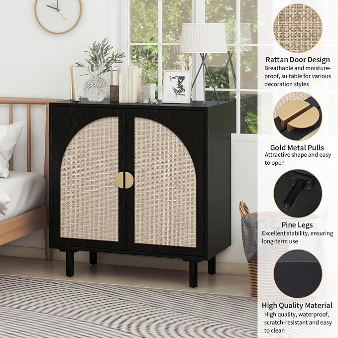 Black Sideboard Cabinet with 2 Rattan Doors, Rattan Buffet Cabinet with Adjustable Shelves & Pine Legs, Boho Sideboard Buffet for Living Room, Kitchen, Entryway (Black,1 PCS)