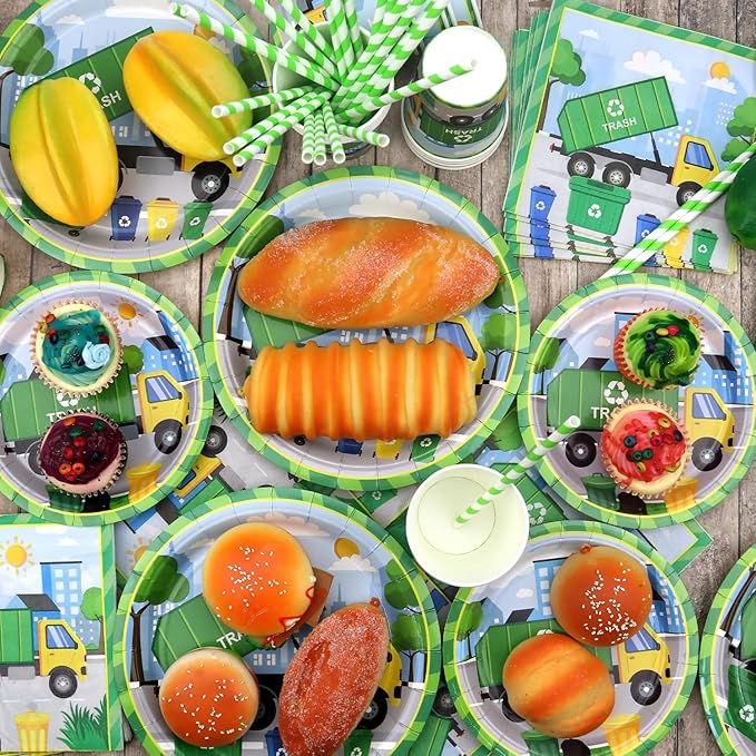 Trash Truck Birthday Party Decoration - Garbage Truck Birthday Party Tableware Supplies Includes Plates, Cups, Napkins, Tablecloth, Straws (20)