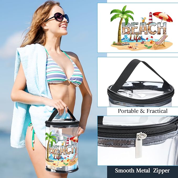 Sanwuta Beach Gifts Heavy Duty Clear Lotion Toiletry Bags for Travel Sunscreen Makeup Cosmetic Pouch Cylinder Bag Waterproof Portable Trip Bag with Handle Zipper(Beach Life)