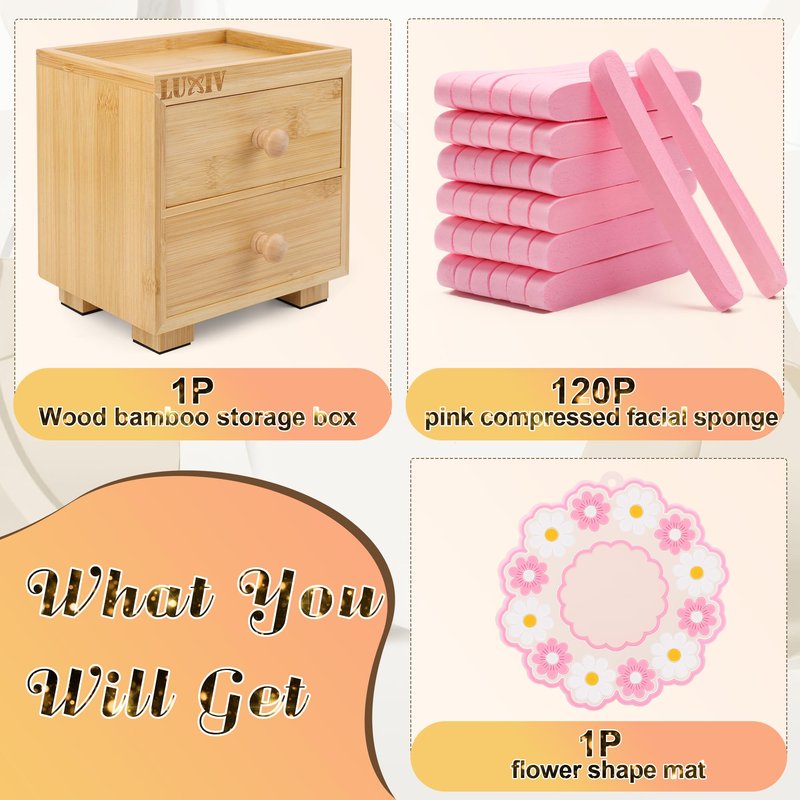 Luxiv 120 Pcs Facial Sponge Compressed with Bamboo Storage Box, Face Cleansing Sponge for Estheticians Round Compress Makeup Facial Sponge with 2 Layer Wood Drawer Storage Box, Mat