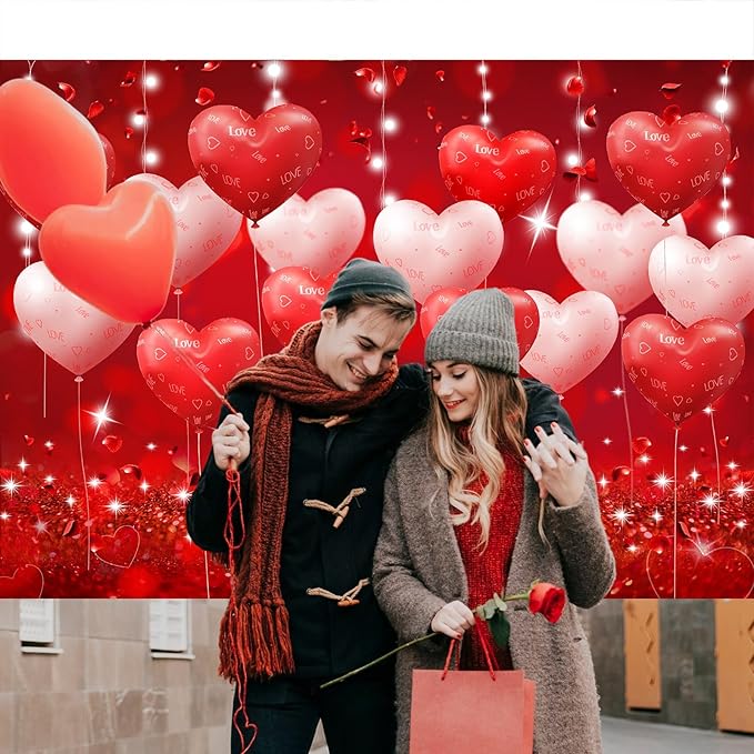 Red Hearts Balloons Anniversary Backdrop Banner Romantic Love Theme Photography Background for Anniversary Engagement Wedding Bridal Shower Couples Date Night Party Decorations 8x6ft（96x72 Inch）