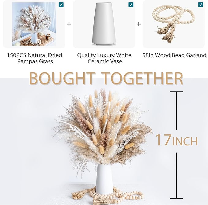 150pcs Pampas Grass + 1 White Ceramic vase + 1 Wood Bead Garland , Boho Home Decor Bouquet Phragmites Dried Flowers Bouquet for Wedding Floral Arrangements Home Decorations