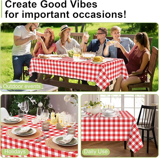 QIKSION Red Gingham Tablecloth Disposable 3 Pack, 54 x 108 Inch Red and White Checkered Table Cloth for Picnic, Outdoor BBQ Decorations, Birthday Party Supplies, Rectangle, Plastic Table Cover