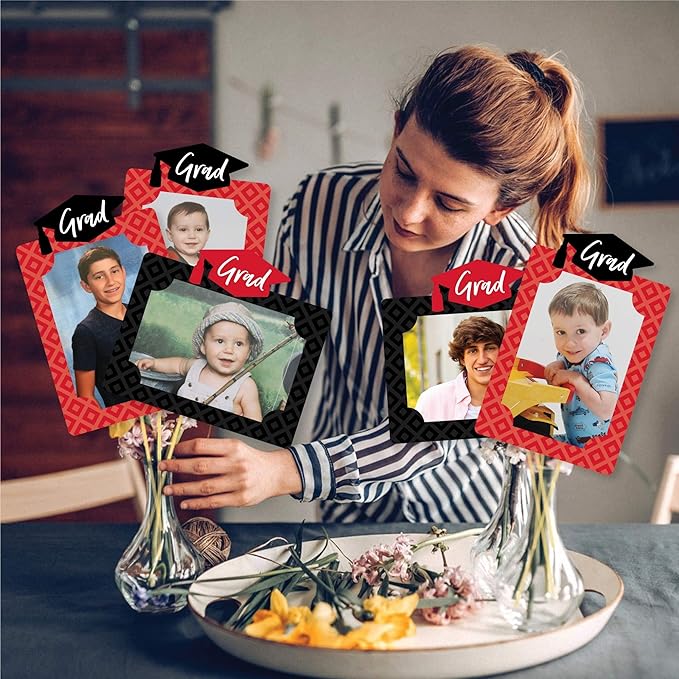 Big Dot of Happiness Red Graduation Photo Display Centerpiece Kit - 15 Double-Sided Photo Table Topper Sticks, Vertical and Horizontal 4x6 Picture Holders, DIY Party Decoration Set