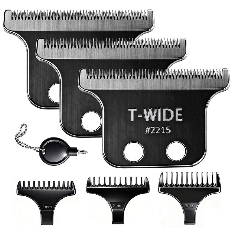 2PCS 2215 Replacement T Wide Blades Compatible with Wahl 5 Star Detailer Li Trimmer(8081) and (8171) - Adjustable Stainless-steel Zero-Gap Trimmer Blade ((3PCS-Black)