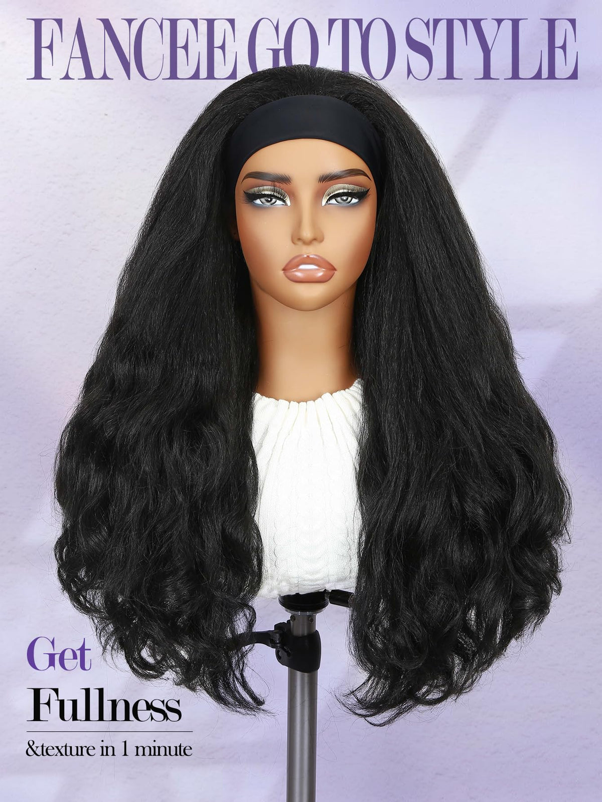 FANCEE Yaki Wavy Headband Wigs for Black Women 26 Inch Black Kinky Straight Wear and Go Wig with Curly Wavy Ends Synthetic Glueless Half Wig with Headbands Attached Blow Out Style Natural Hair Texture