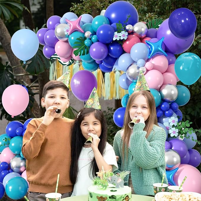 FunHot Blue Pink Purple Balloon Arch Garland Kit with Purple Metallic Silver Royal Blue Retro Pink 4-Point Star Foil Balloons for Baby Shower Wedding Tropical Theme Kids Birthday Party Decorations