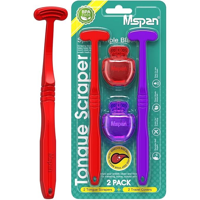Mspan Tongue Scraper Cleaner for Adults: Tongue Brush Cleaning Scrubber with Plastic Travel Case Cap - Clean Bad Breath Dental Oral Care Red Purple 2 Pack
