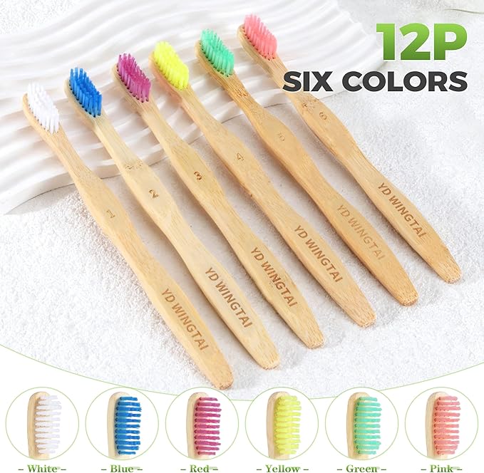 Travel Toothbrush Bamboo Colorful 12pack Wooden Natural Toothbrush Organic Plastic Free for Adults