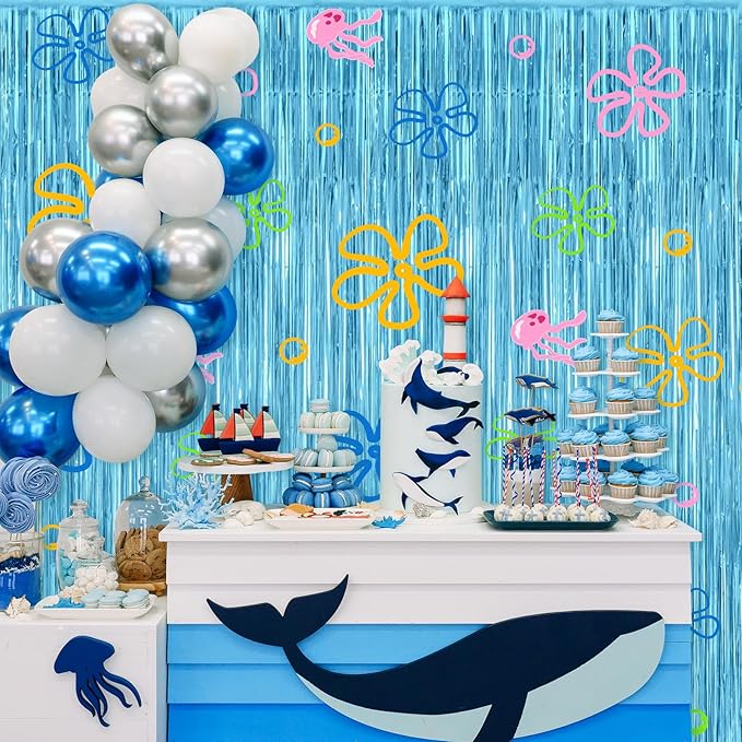 4 Pack Cartoon Sponge Theme Party Decorations 3.2ft X 8.2ft Under the Sea Party Supplies Flowers Bubbles Jellyfish Foil Fringe Photo Backdrop Decor for Birthday Sponge Party Photo Props