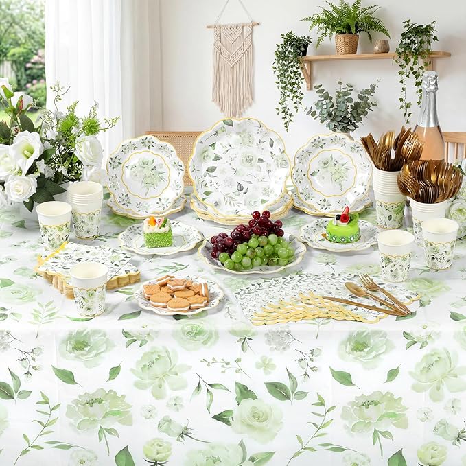 Pickmesh 194 Pcs Spring Floral Party Decoration for 24 Guest, Sage Green Paper Plates and Napkins Cups Tablecloth Cutlery Tea Party Tableware for Bridal Shower Wedding Garden Women Birthday Supplies