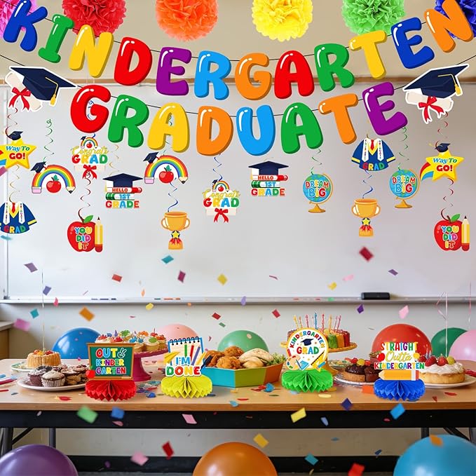 Kindergarten Graduation Decorations Set, Congrats Grad Decor Kit - 27 PCS with Banner, Pom Poms, Hanging Swirls & Centerpieces, Class of 2026 Party Supplies