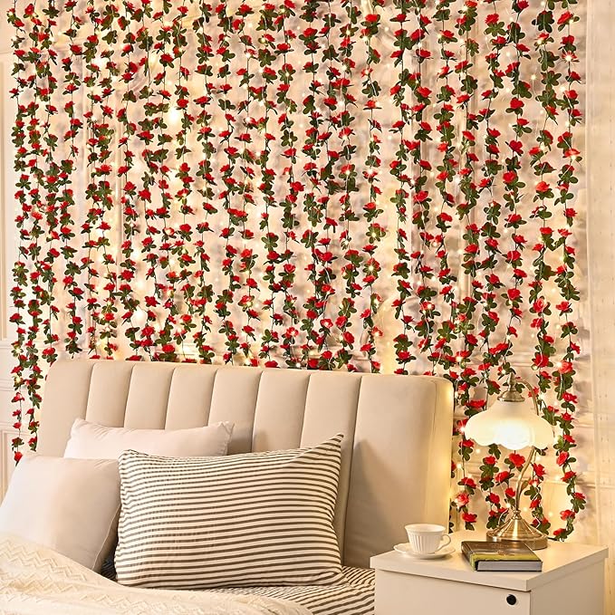 MARTINE MALL Flower Garland Vines, 5 Strands 41Ft With 33 Ft/100 LED String Lights - Rose Decoration for Bedroom, Room, Table, Wedding Decor