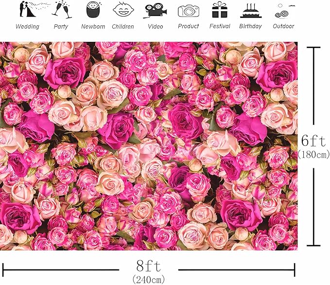 8x6FT Pink Red Rose Floral Wall Backdrop Flowers Photography Background Mothers Day Valentine's Day Backdrop Girls Birthday Party Baby Shower Wedding Decoration Banner
