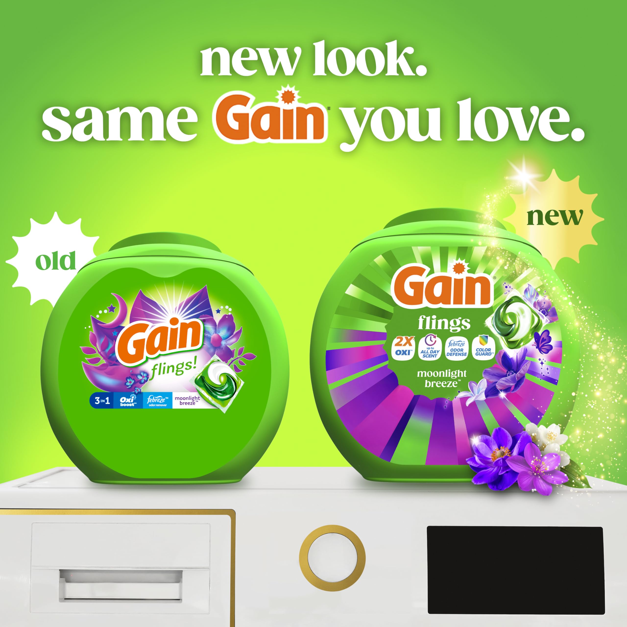 Gain Flings Liquid Washing Detergent Pacs with Odor Defense + Color Guard, Moonlight Breeze Scent, 4-In-1 Liquid Laundry Detergent Pods, Clean & Fresh, 60 Count (Packaging May Vary)