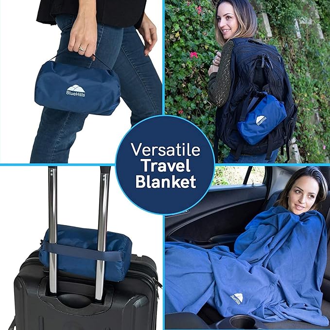 BlueHills Ultra Compact Travel Blanket Pillow in Portable Bag Case with Hand Luggage Belt & Backpack Clip Premium Cozy Soft Compact Pack Large Blanket for Airplane Flight Layover - Navy Blue C001