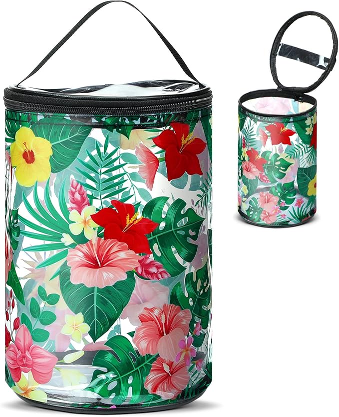 Sanwuta Beach Gifts Heavy Duty Clear Lotion Toiletry Bags for Travel Sunscreen Makeup Cosmetic Pouch Cylinder Bag Waterproof Portable Trip Bag with Handle Zipper(Hibiscus Flowers)