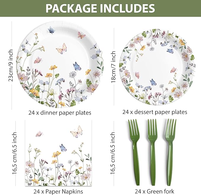 Audree 96 Pcs Wildflower Party Supplies, 24 set Disposable Paper Plates and Napkins for Party Baby Shower, Wedding, Birthday, Perfect for Guests Set Dinner and Dessert Plates, Napkins, Plastic Forks