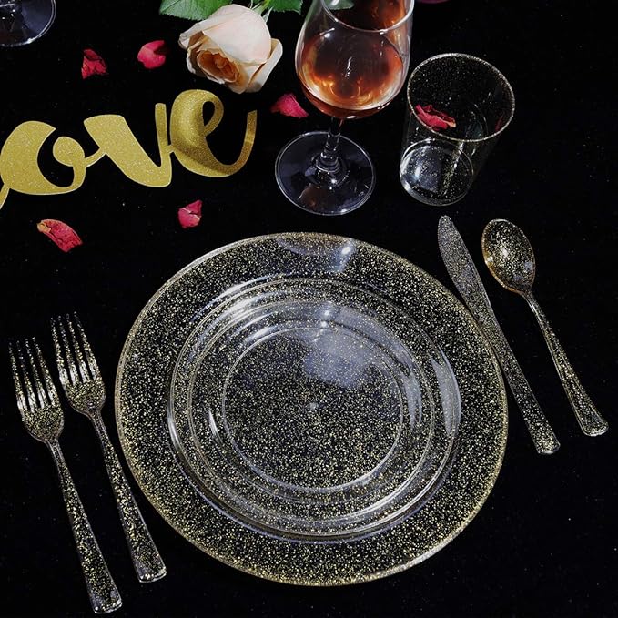 WELLIFE 175 Pieces Gold Glitter Plastic Plates with Silverware and Cups, Includes: 50 Plates, 50 Forks, 25 Knives,25 Spoons and 25 Cups for Party