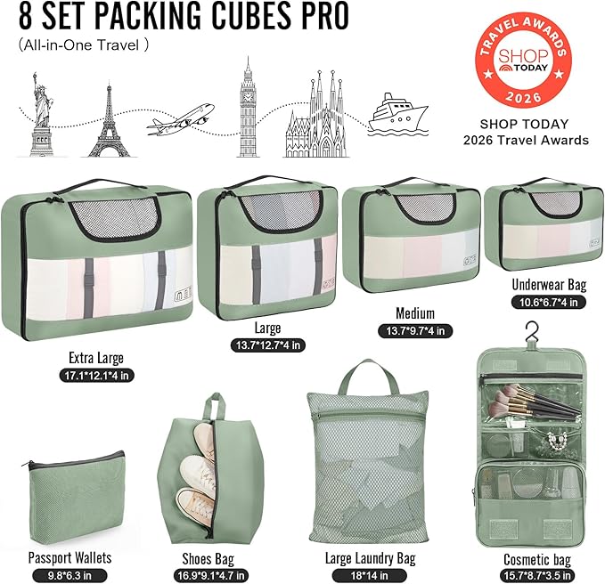 Veken 8 Set Packing Cubes for Travel Essentials, Suitcase Organizer Bags in 4 Sizes, Carry-On Luggage Accessories with Large Laundry Bag & Passport Holder, Must-Have for Airplane, Road Trip & Camping