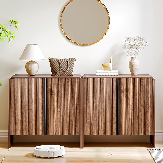 BERRYMERRY 2 Door Fluted Sideboard Buffet Cabinet with Storage, Modern Wood Cabinet with Adjustable Shelves for Living Room, Dining Room (Brown 6 Doors)