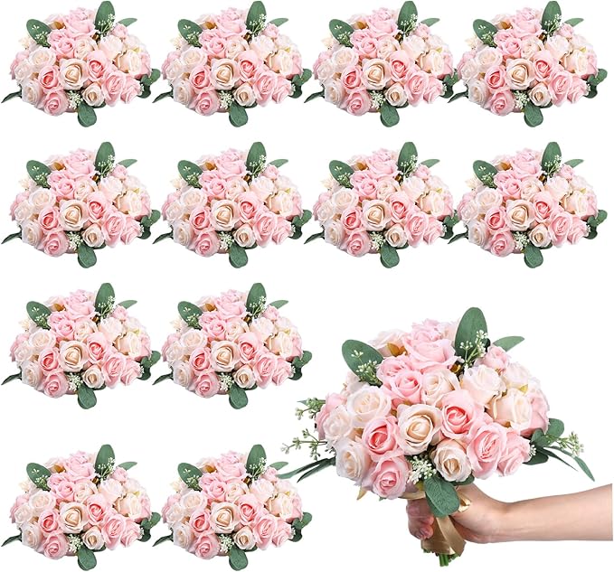 Zeyune 12 Bunches Wedding Bridesmaids Bouquets 144 Heads 7 Inch Artificial Rose Bouquets Silk Fake Flower Bulk with Stems for Valentine's Day Wedding Bridal Shower Home Party Decor(Champagne)