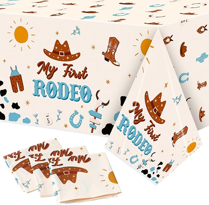 K1tpde 3PCS My First Redeo Birthday Party Tablecloths Western Theme Cowboy Table Covers for Kids Blue Cowboy 1st Plastic Table Cloth for Boy Redeo Themed Party Decoration Supplies
