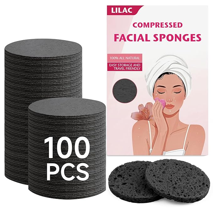 100 Count Compressed Facial Sponges 100% Natural Cellulose Eco-Friendly Makeup Sponges for Gentle Cleansing, Exfoliating & Stubborn Makeup Removal Travel for Women (Round Black)