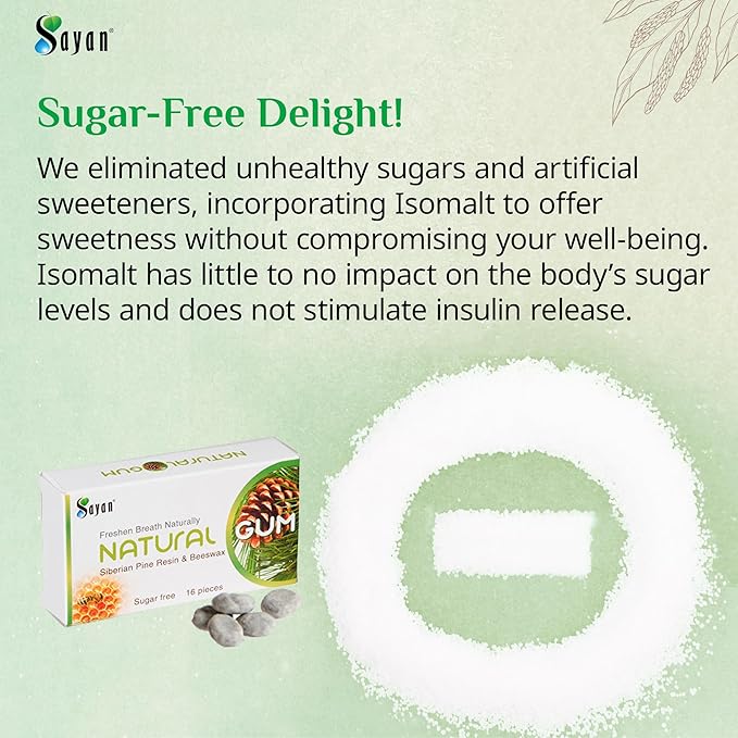 Sayan Sugar Free All Natural Gum, Siberian Pine Tree Resin and Beeswax Chewing Gum for Fresh Breath, Vegetarian, Non-GMO, No Sugar, Gluten Free, Aspartame Free, No Preservatives - 1 Pack (16 Pieces)