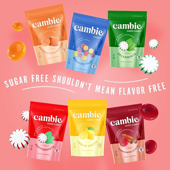 Cambie Sugar Free Mints, 1 lb of Sugar Free Hard Candy, Spearmints Individually Wrapped with a Refreshing & Sweet Spearmint Flavor, Packaged Fresh in a Resealable Pouch