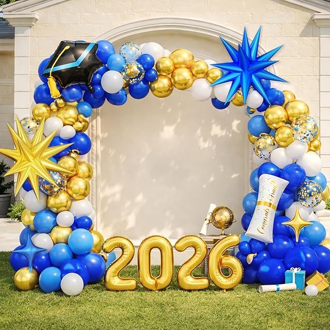 Blue and Gold Graduation Balloon Arch Kit 2026 Graduation Decorations, Gold Number 2026 Balloons with Explosion Star Diploma Grad Cap Foil Balloon for College High School Class of 2026 Graduate Party