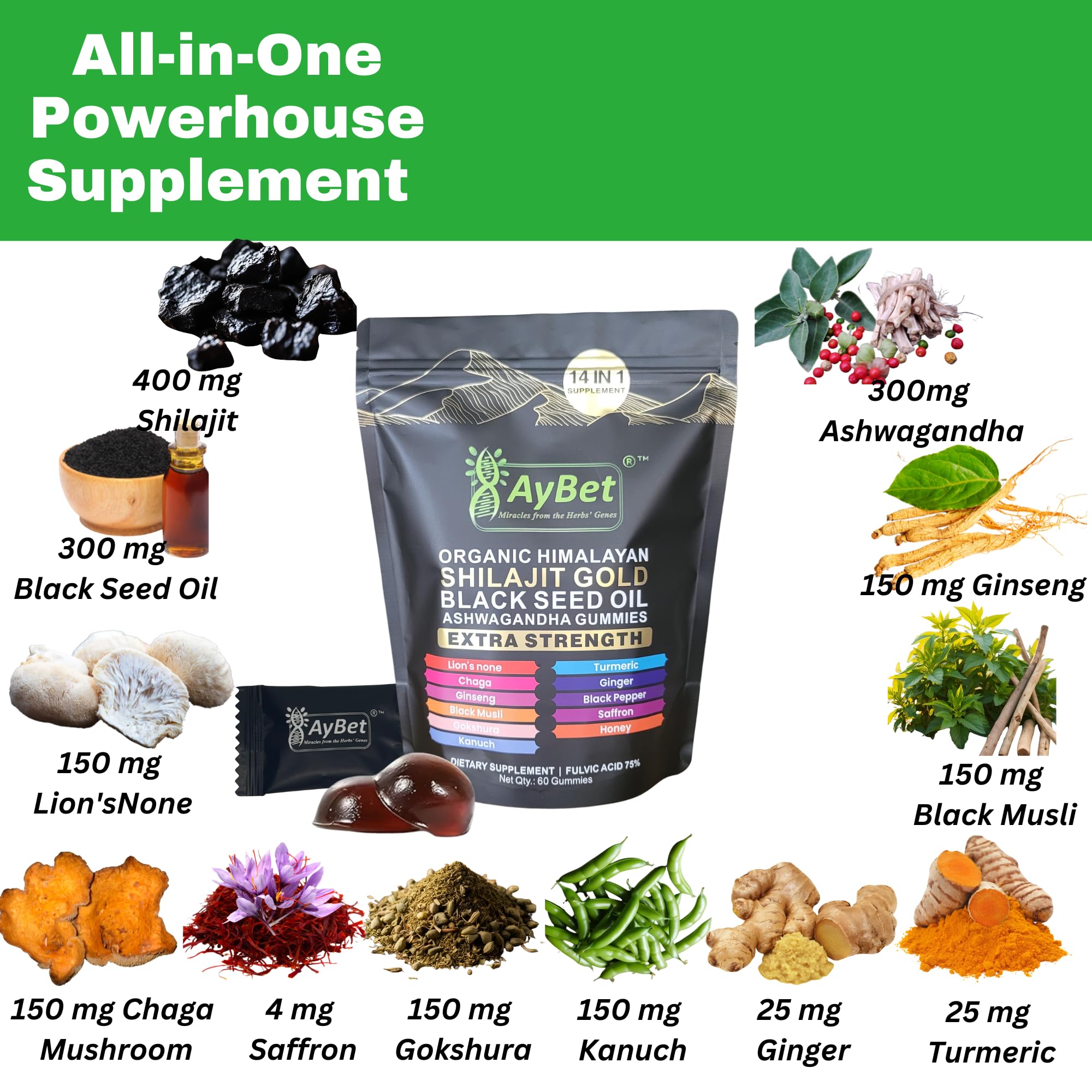 AyBet Organic Himalayan Shilajit Gold Gummies for Men and Women, Black Seed Oil, Ashwagandha, Ginseng, Turmeric, Gokshura, Lion's Mane, Lab Tested, No Sugar Added, Halal, 60Gummy