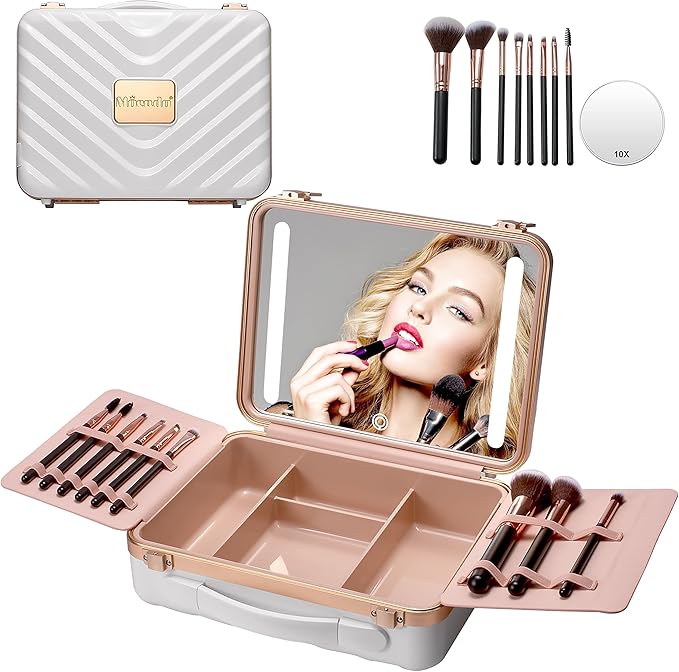 Mocado Travel Makeup Case with Lighted Mirror, 8 Makeup Brushes & 10x Magnifying Mirror, Cosmetic Case with Adjustable Brightness, White