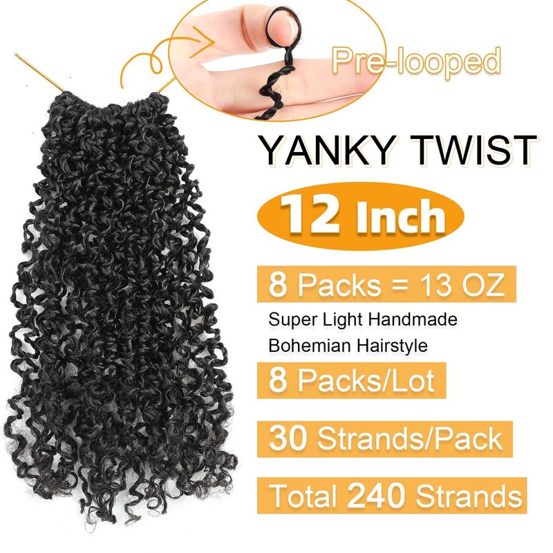 Aksice 12 Inch Yanky Twist Crochet Hair Pre-looped 8 Packs Mini Passion Twist Crochet Hair with Curly Ends Synthetic Crochet Braids Plus Yanky Twist for Black Women (12 Inch, 8 Packs,1B#)