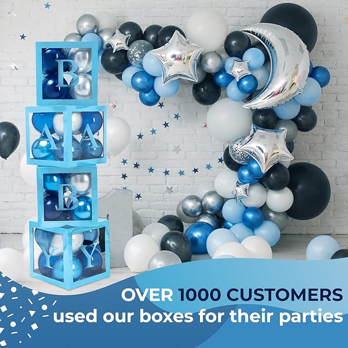 Baby Shower Boxes with Letters – Metallic Blue Boxes with Metallic Blue and Silver Balloons – 44-Piece Gender Reveal & Party Decoration Set by Vellax